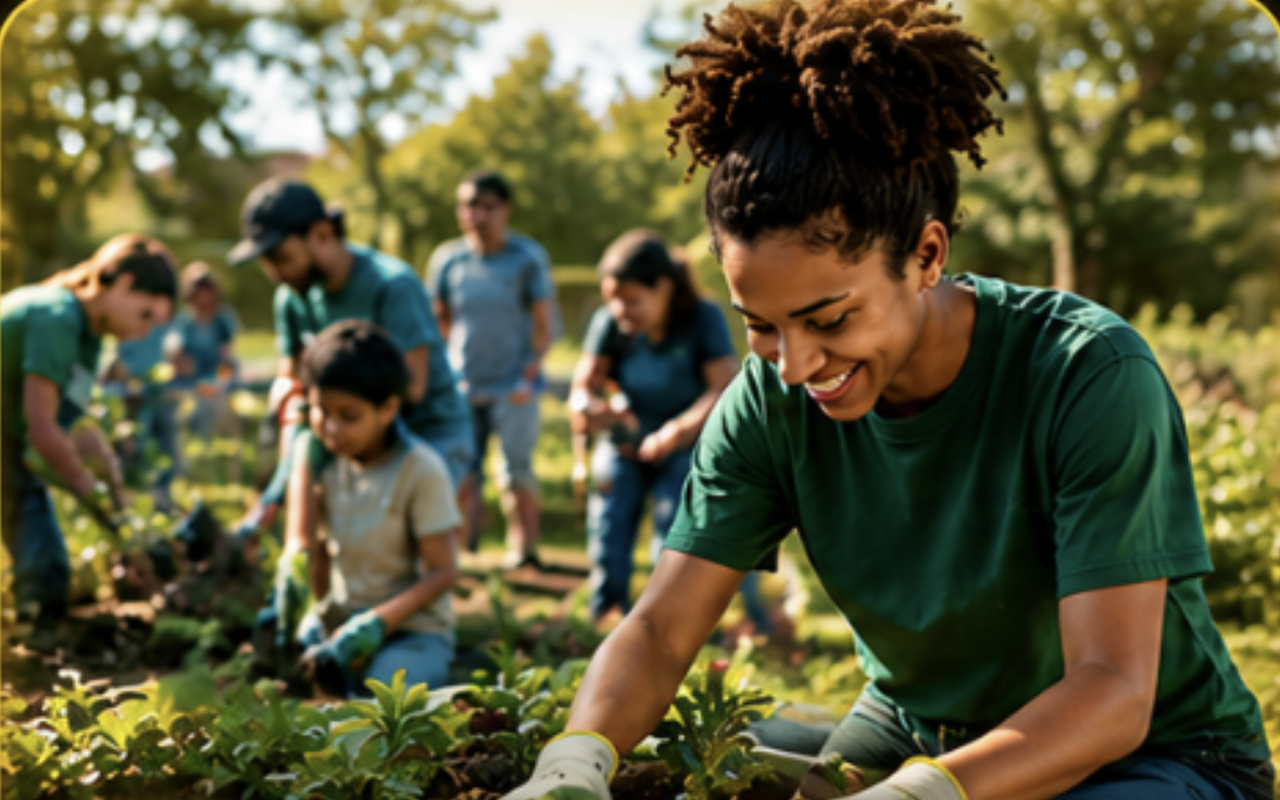 Volunteers planting trees together at a community event