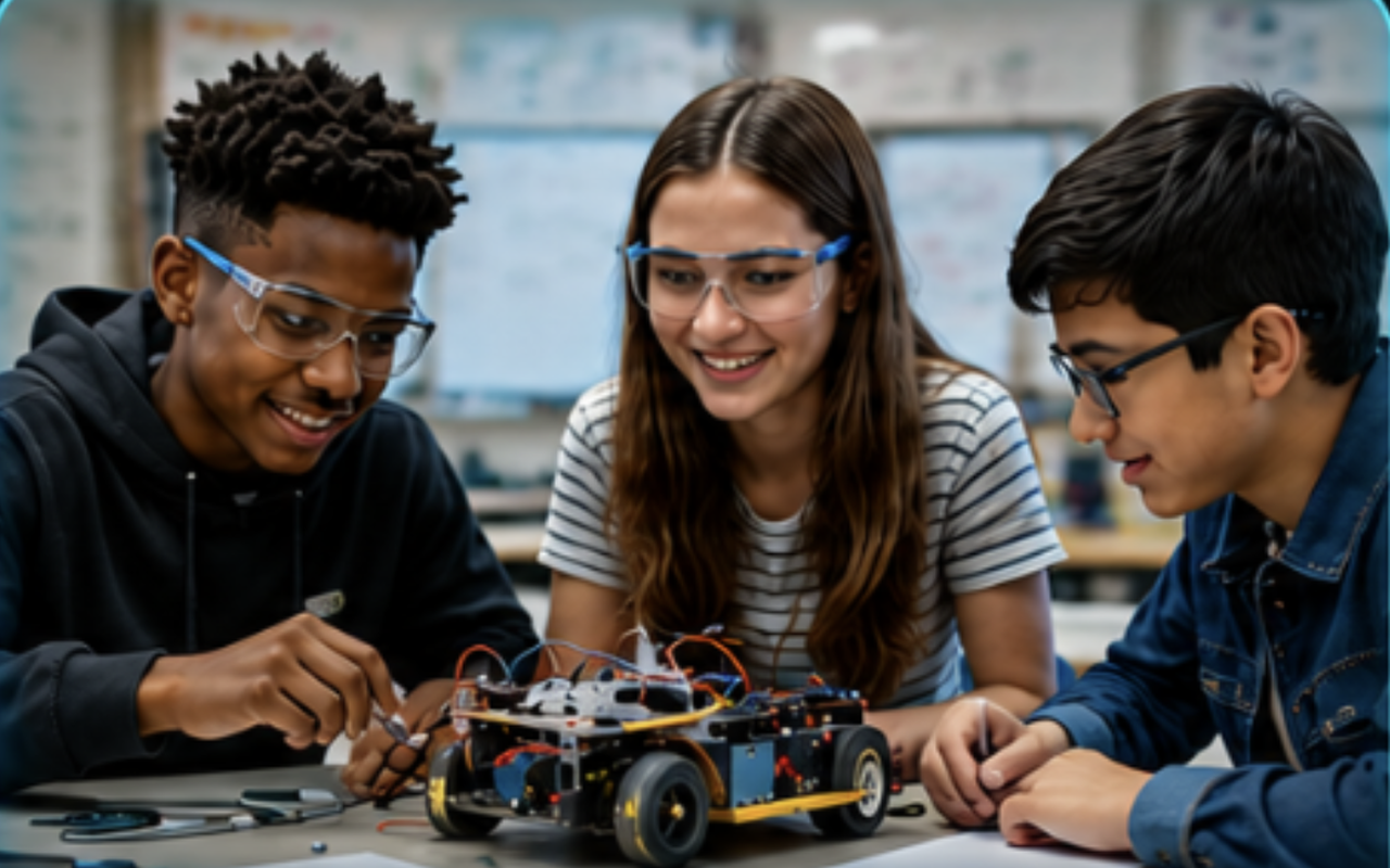 Students learning to build a STEM robotics project together