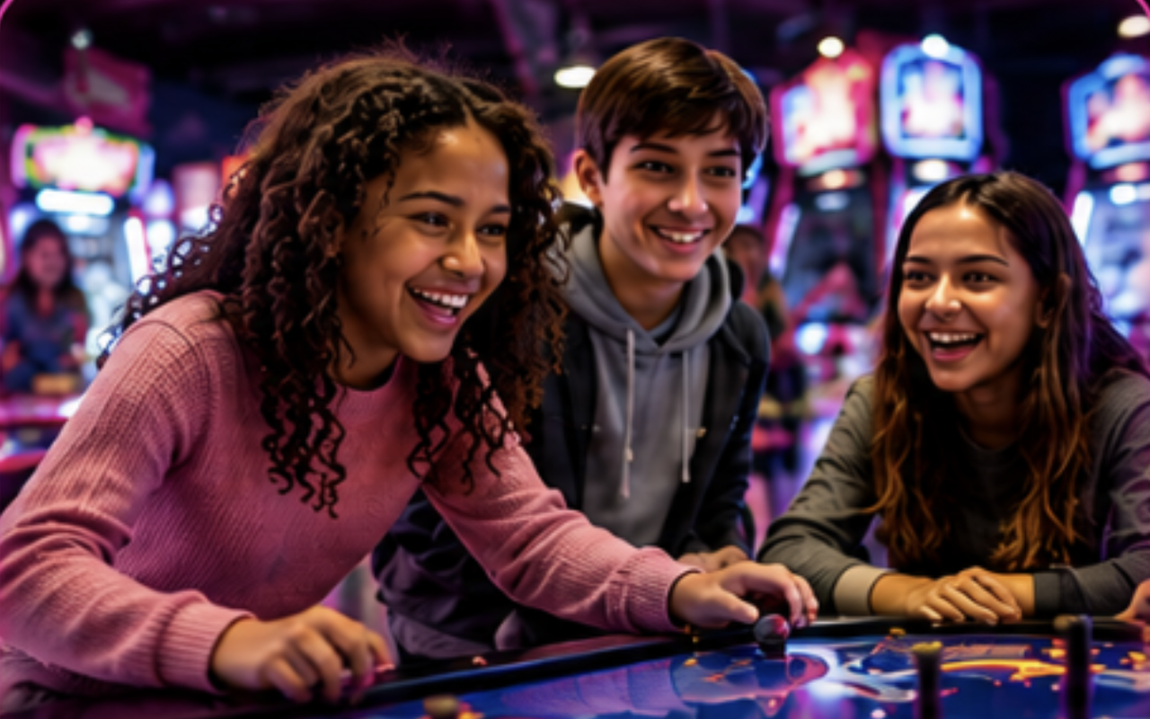 Kids laughing at an arcade game