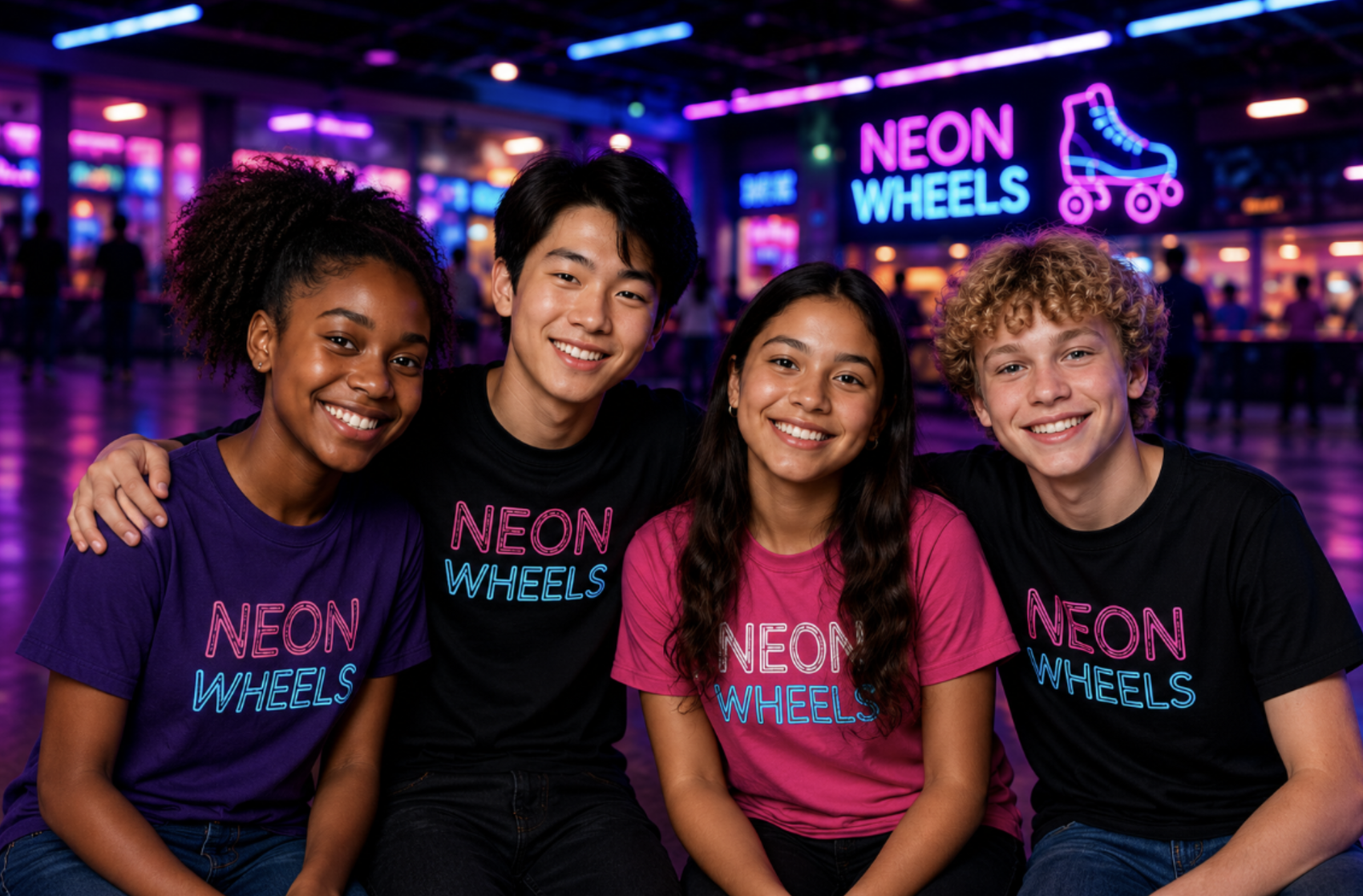Four young teens in Neon Wheels shirts smiling together at the rink
