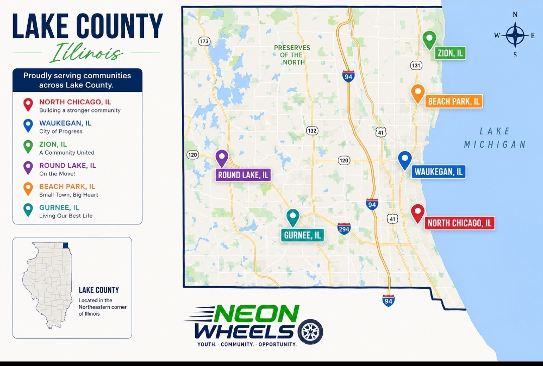 Map of Lake County, Illinois — Neon Wheels proudly serves North Chicago, Waukegan, Zion, Round Lake, Beach Park, and Gurnee