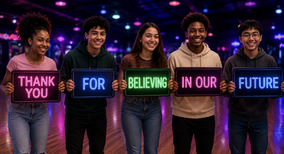 Five young people holding neon THANK YOU FOR BELIEVING IN OUR FUTURE signs at Neon Wheels