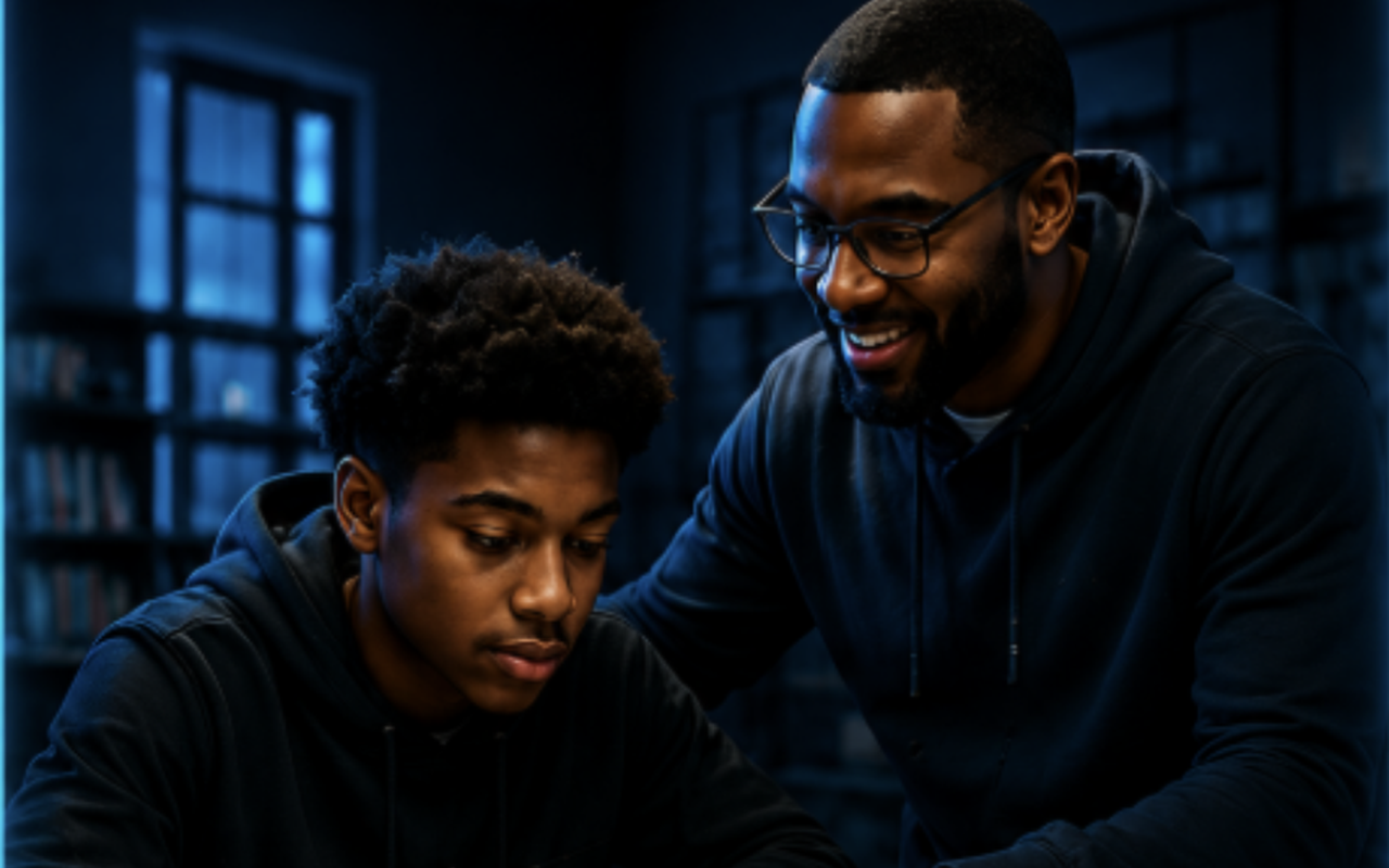 A mentor helping a young man with his homework
