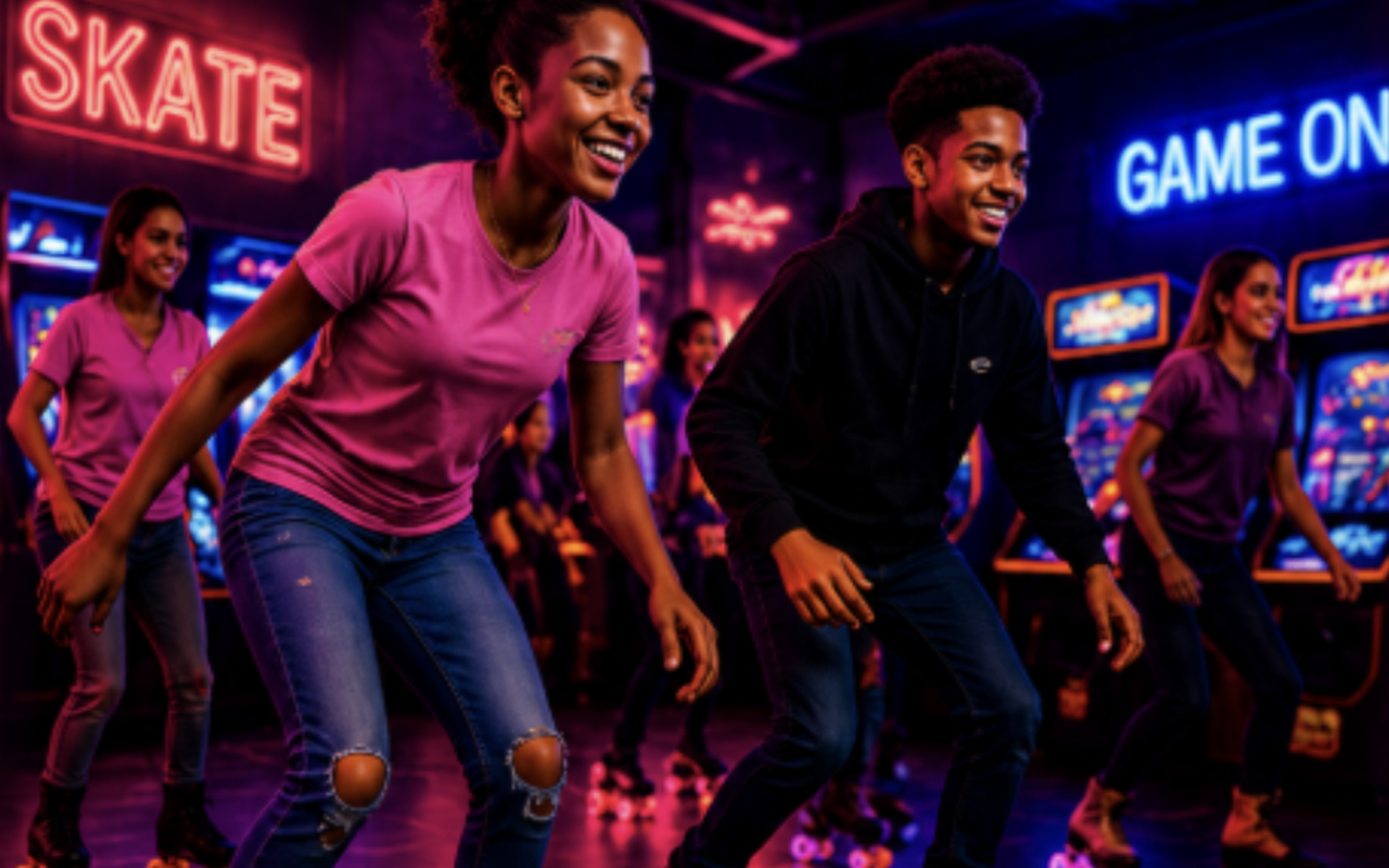 Kids skating beneath a SKATE / GAME ON neon sign