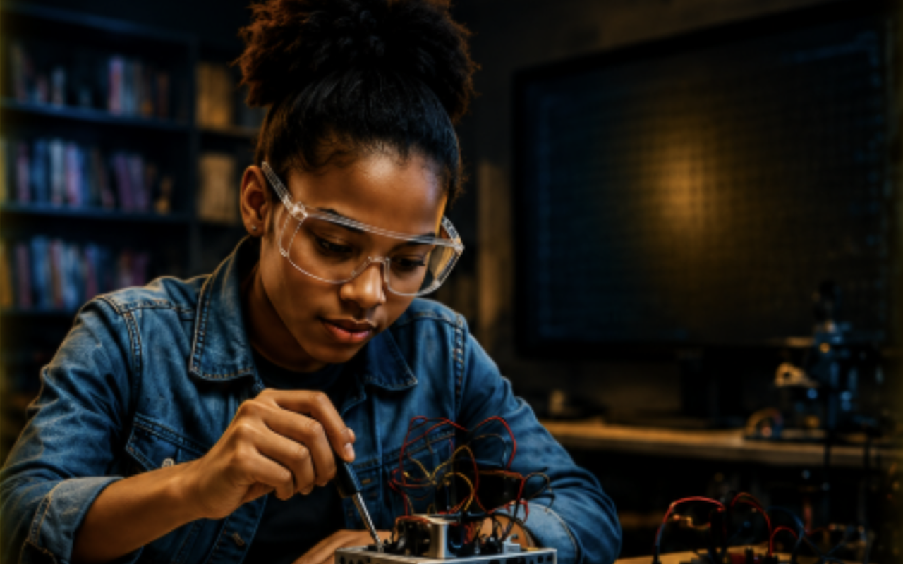 A young woman working on a robotics project under STEM neon