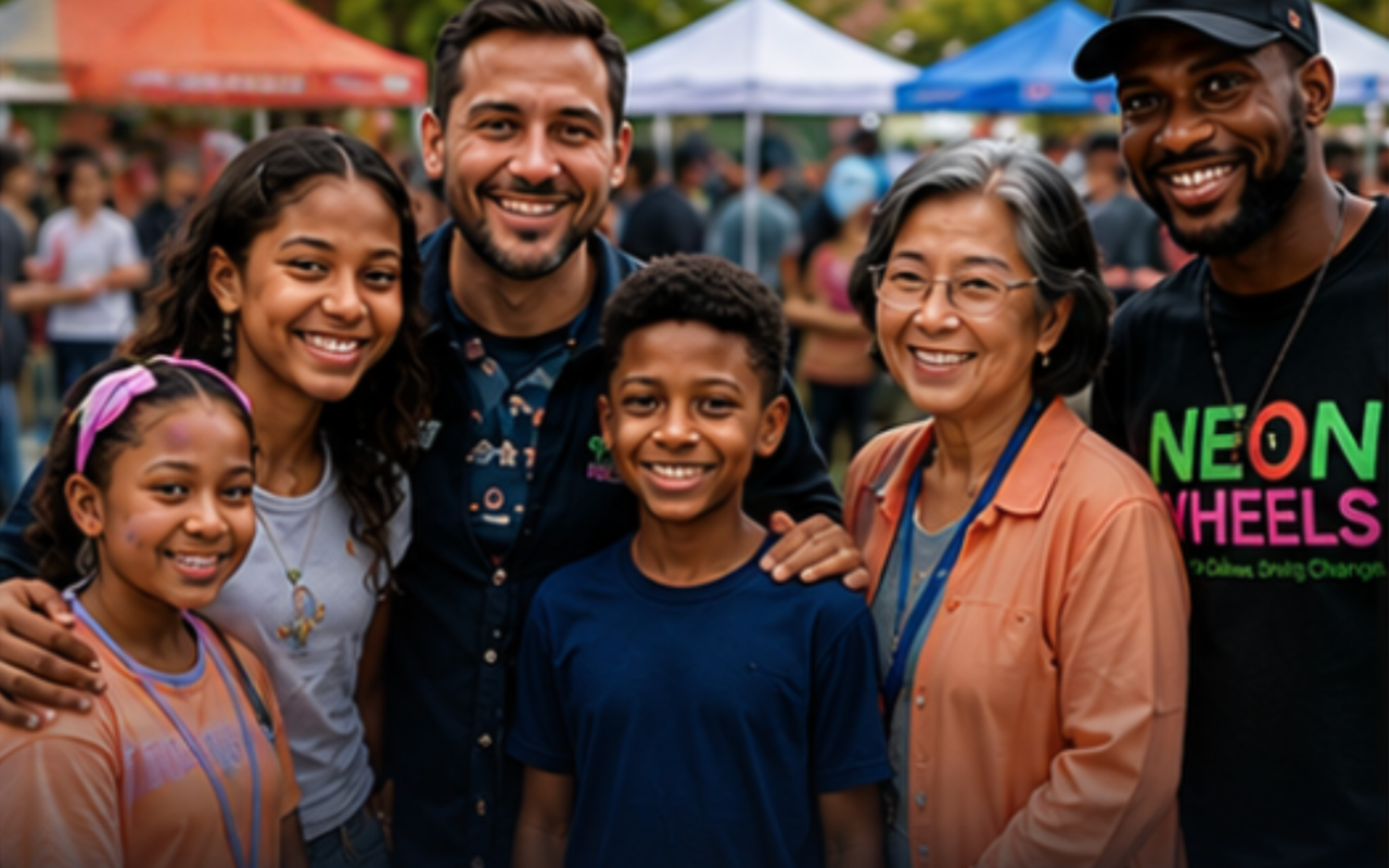 A multi-generation family at a Neon Wheels community event