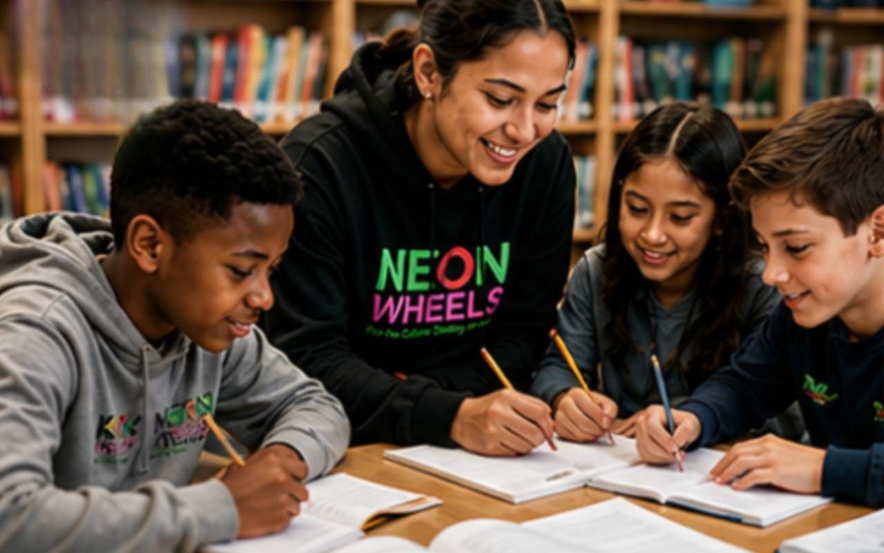 Students studying with a Neon Wheels mentor in a library