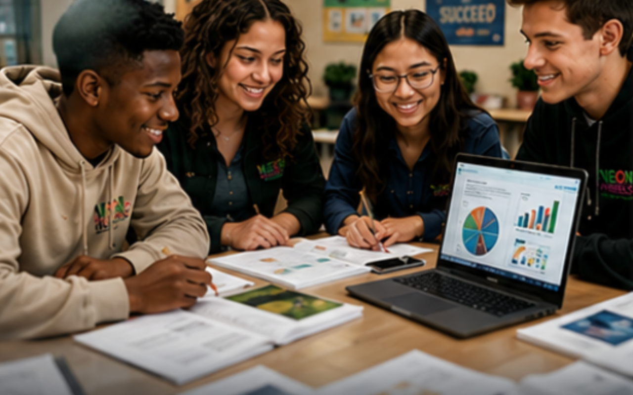 Teens learning financial literacy with a laptop and budget charts