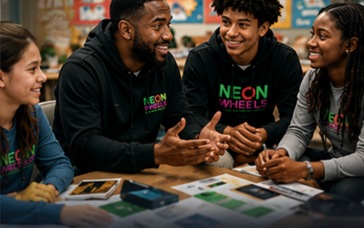 A mentor laughing with teens at a community table