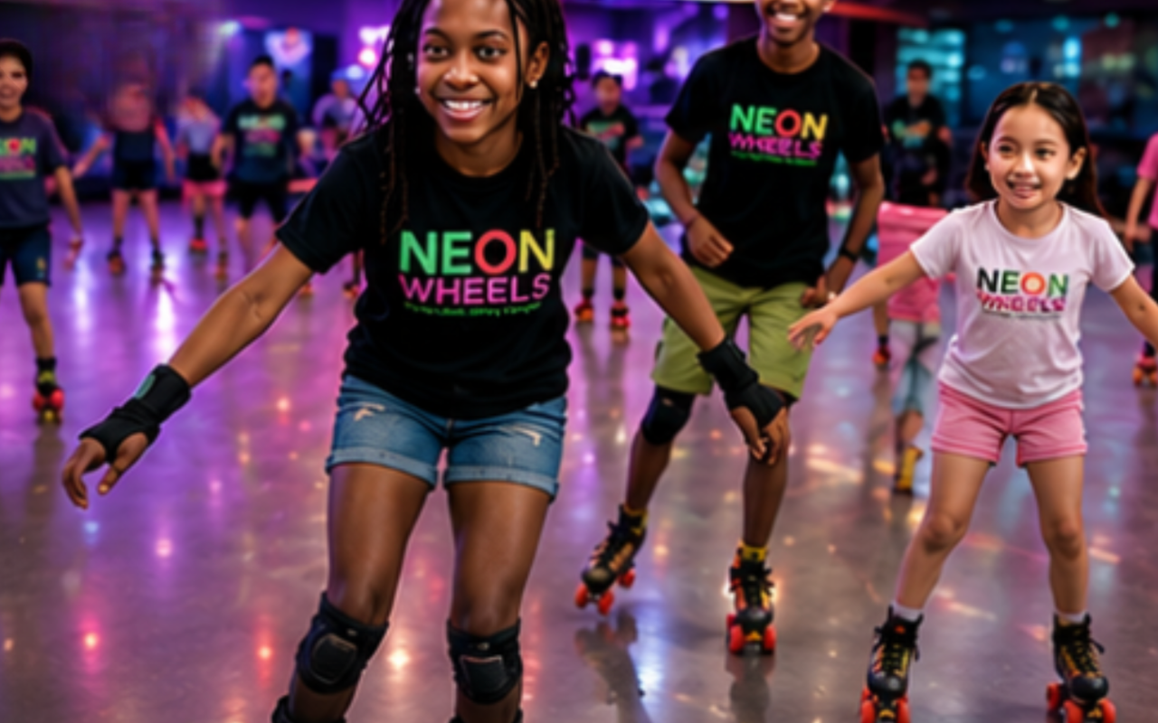 Young skaters in Neon Wheels shirts gliding across the rink