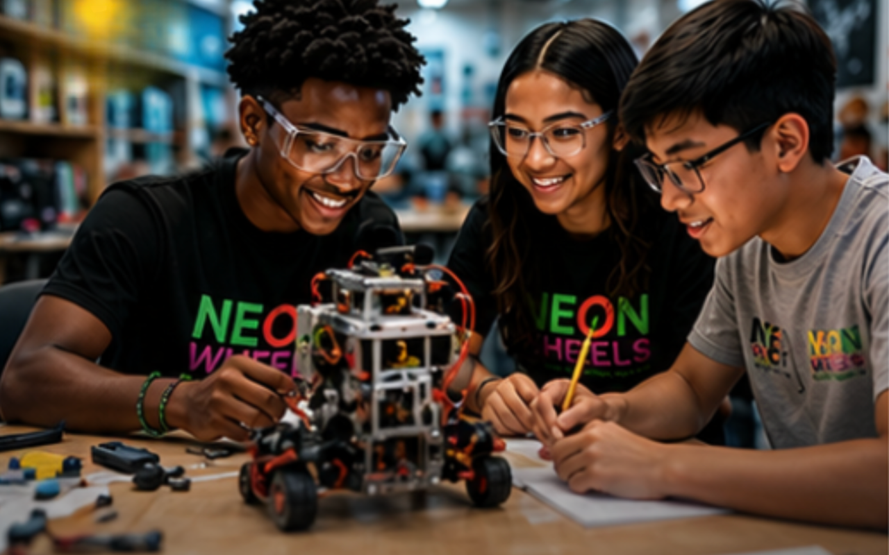 Youth building a robot in a STEM innovation lab