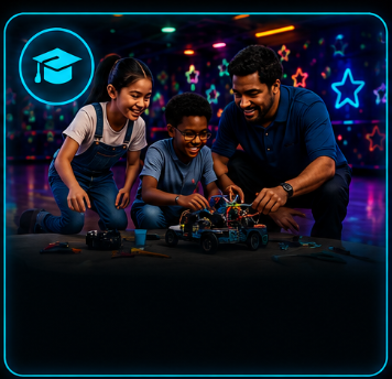 A father and two kids learning with a STEM robotics kit