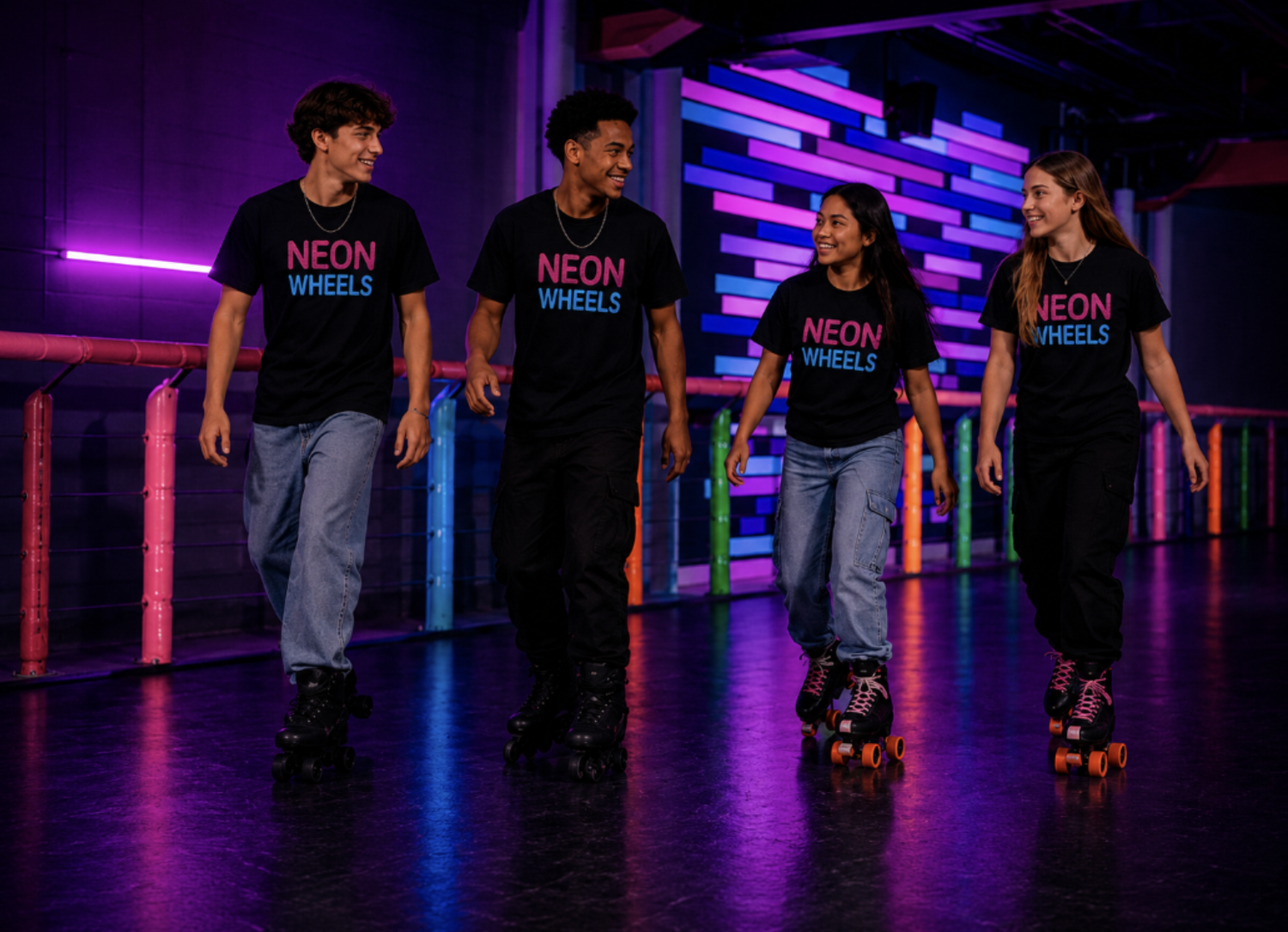 Four young people in Neon Wheels shirts skating together as a team