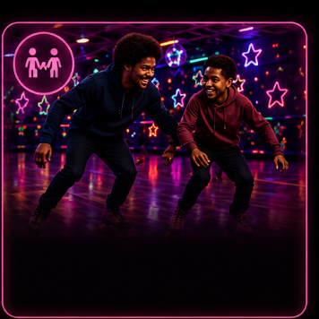 Two young men laughing and dancing under neon hearts