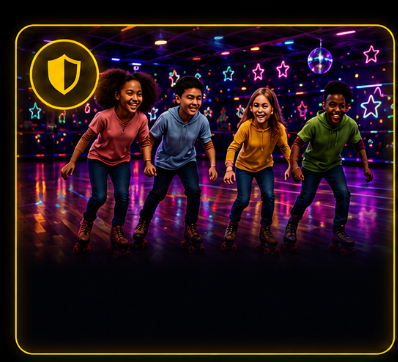 Four young kids skating together on the neon-lit rink