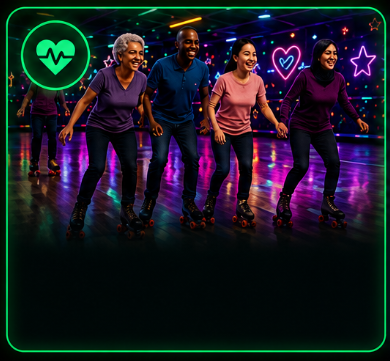 Multi-generation adults skating together at a wellness night