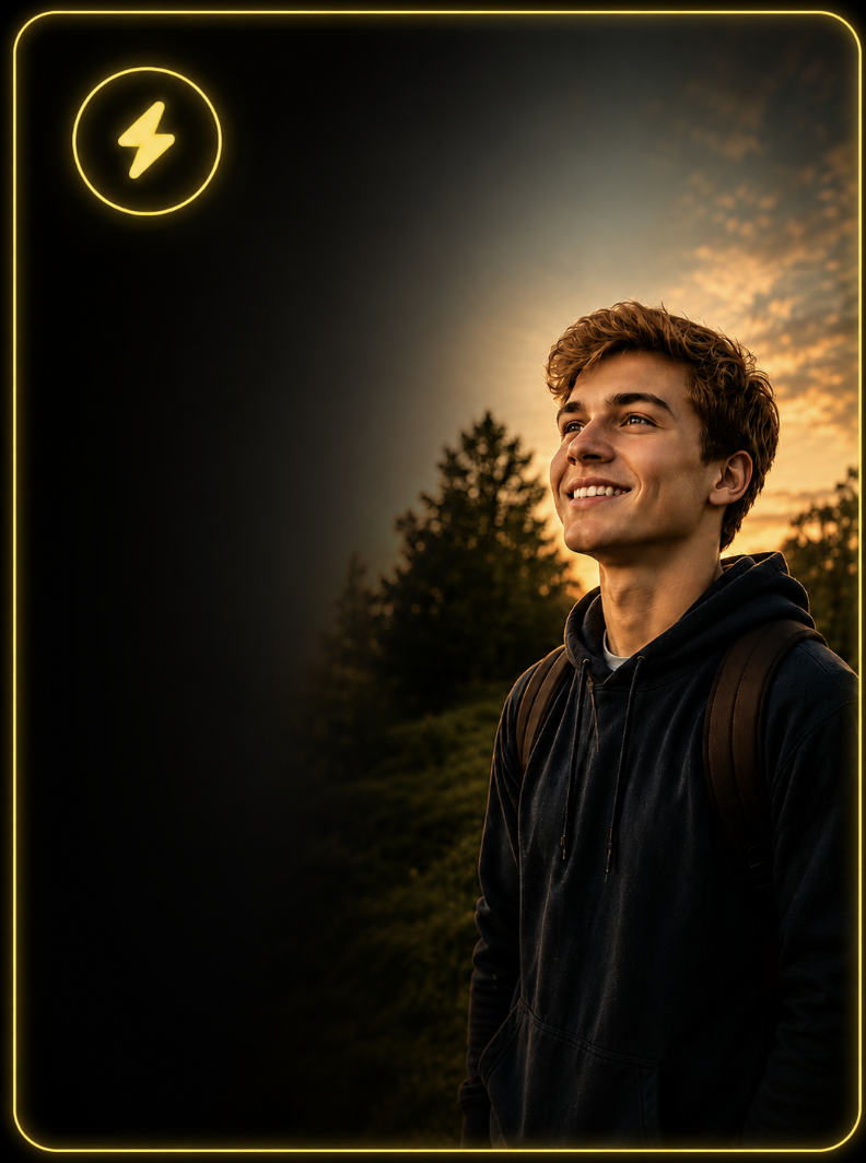 A confident young man smiling outdoors at sunrise