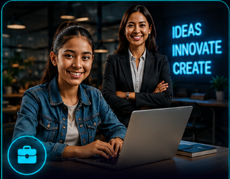 A young woman at a laptop with a mentor beneath an 'Ideas Innovate Create' neon sign