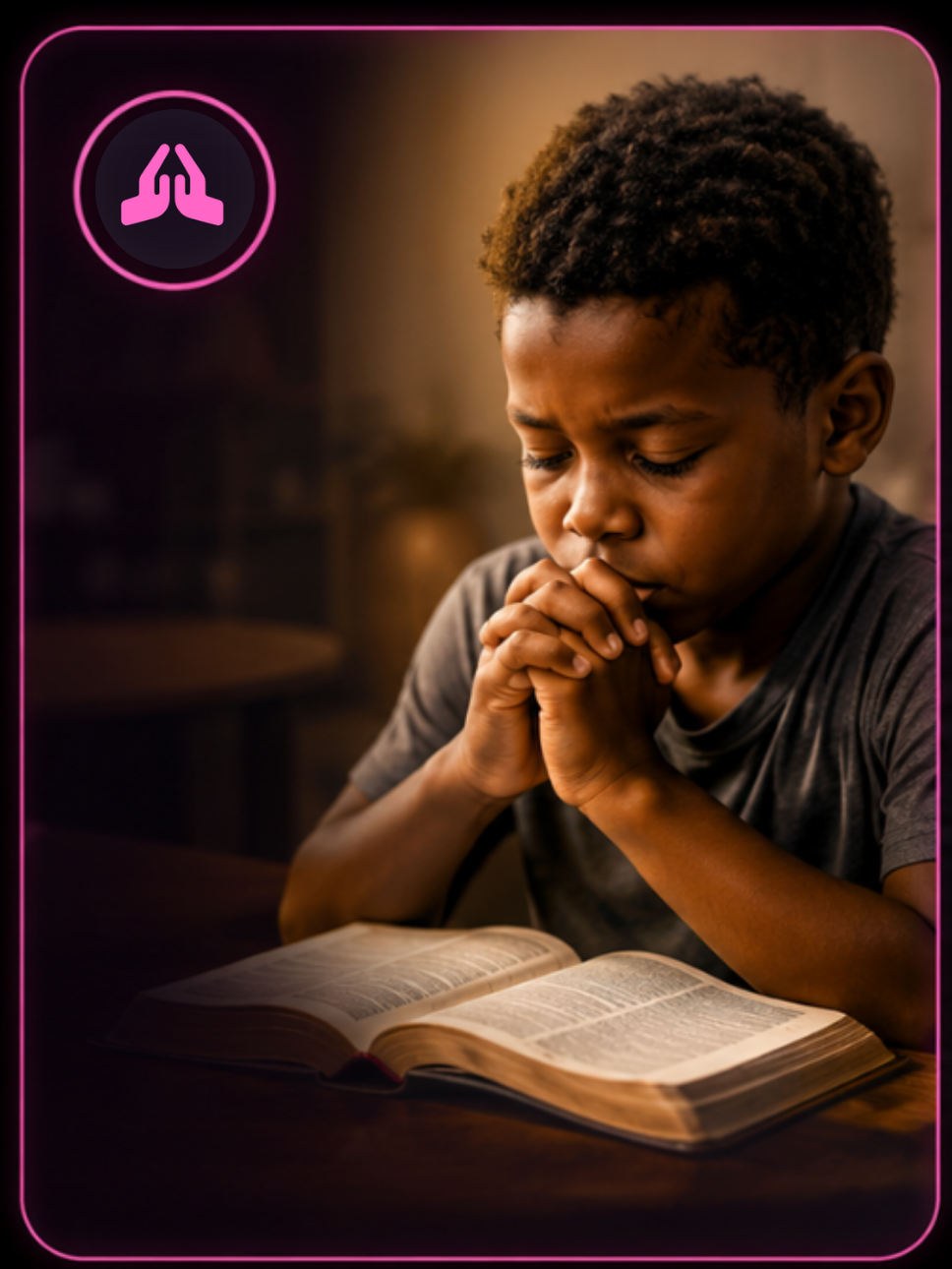 A young boy praying over an open book