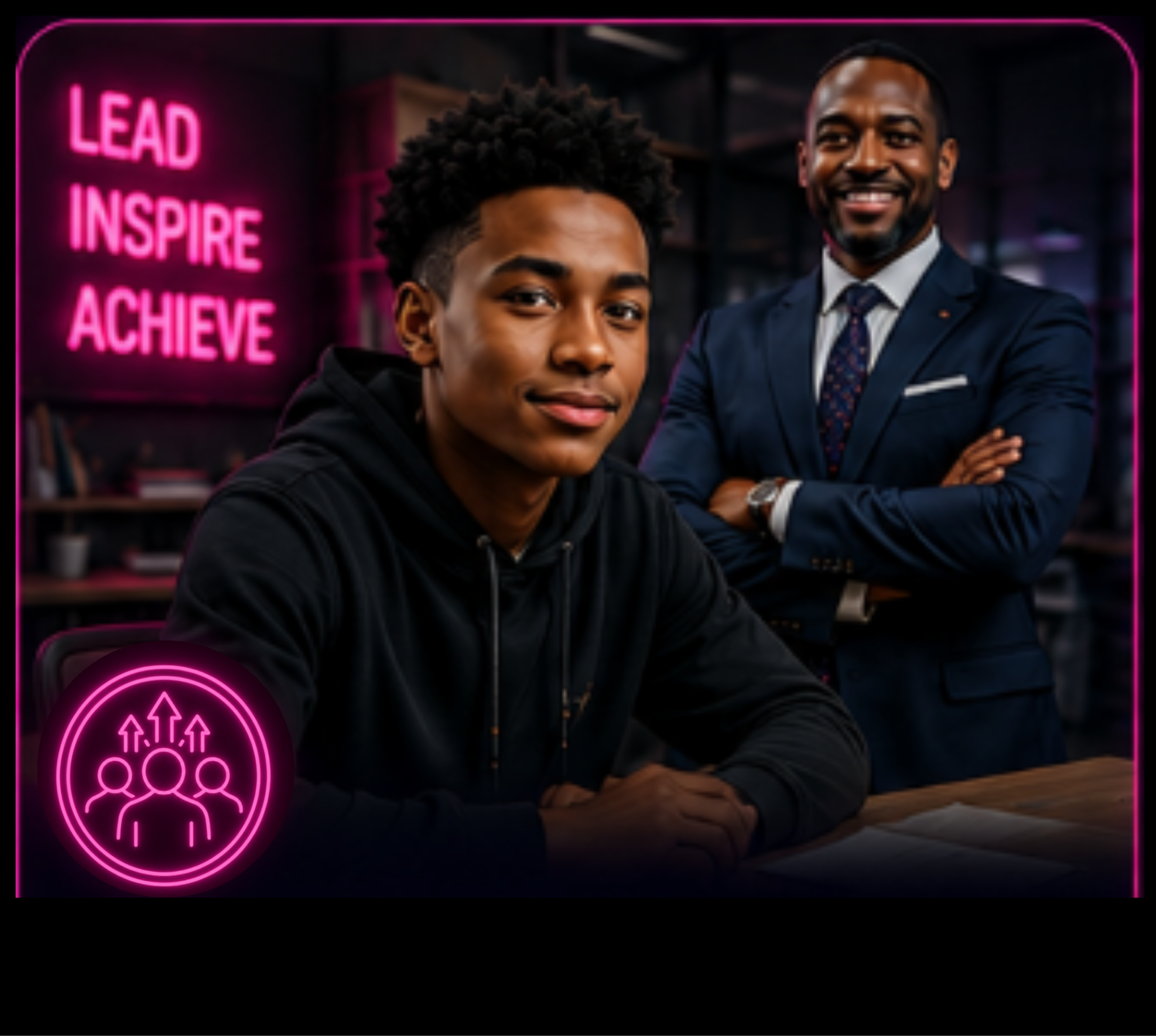 A teen with a mentor in a suit beneath a 'Lead Inspire Achieve' neon sign