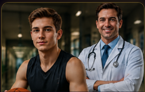 A teen athlete with basketball next to a doctor in a white coat