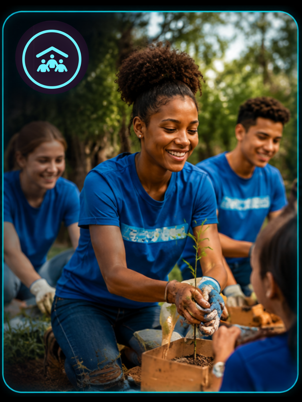 A group of volunteers in matching shirts planting in the garden