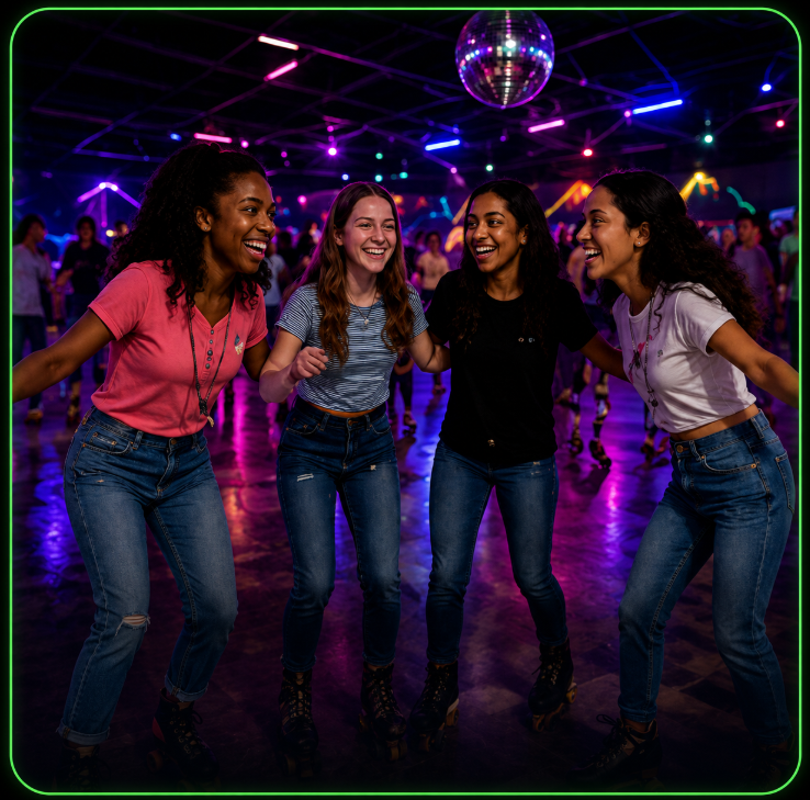 Four young women dancing together at a neon-lit Neon Wheels event