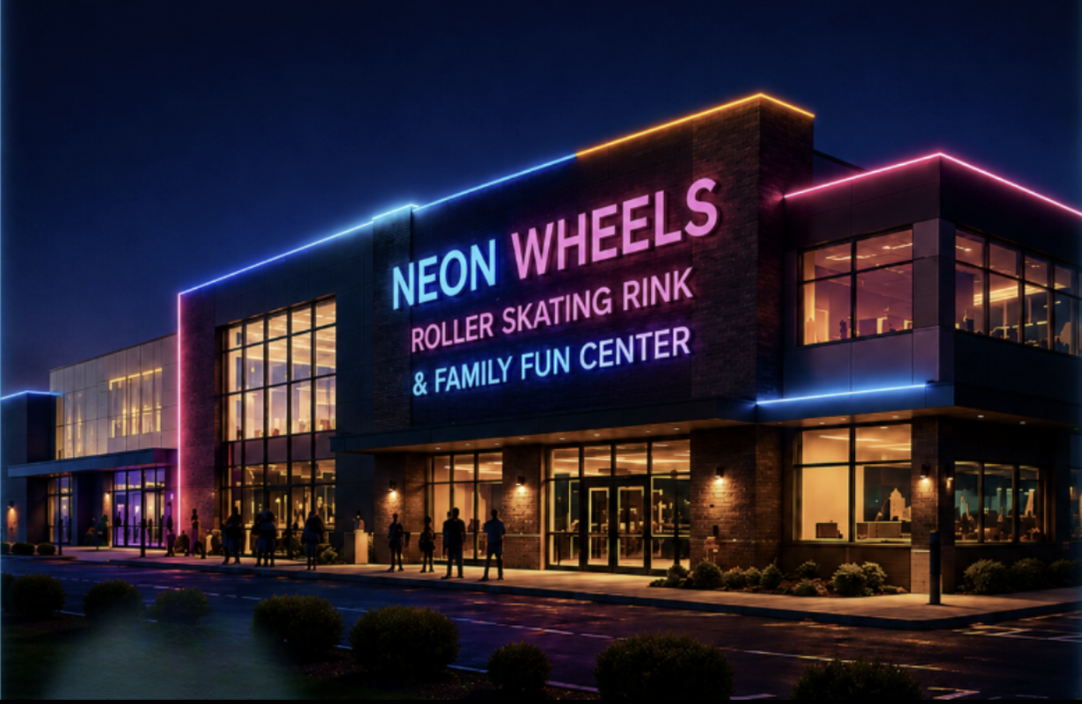 The Neon Wheels facility lit up at night
