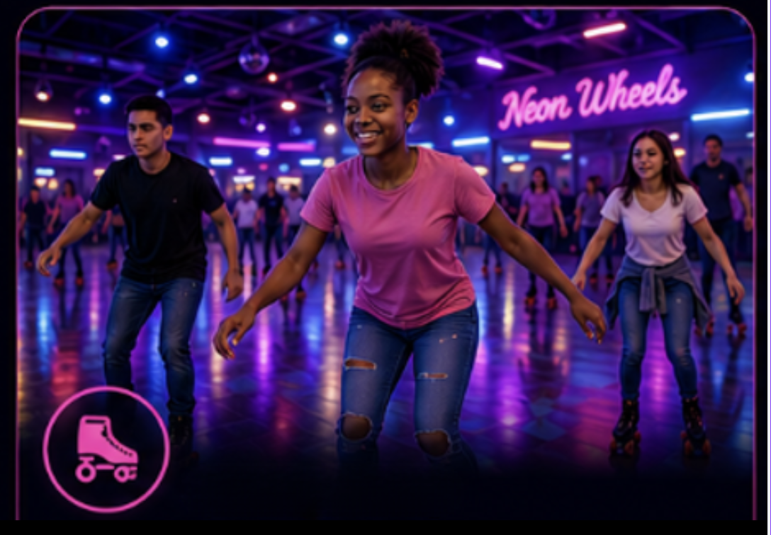The Neon Wheels skating arena lit up in pink neon