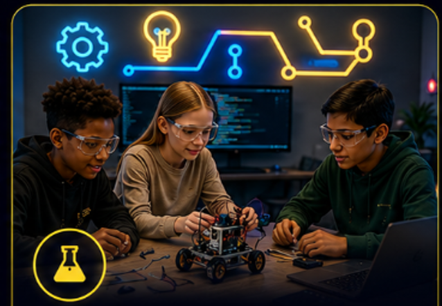 Three teens building a STEM robotics project together