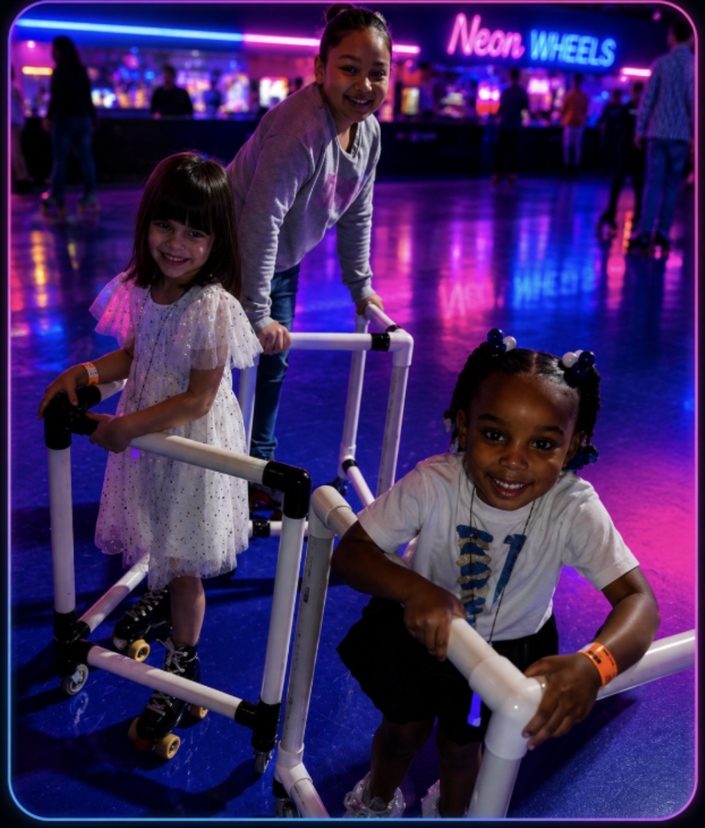 A counselor helping young kids with skating walkers at Neon Wheels