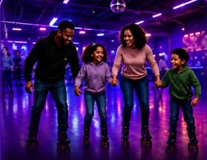 A family skating hand-in-hand at the rink