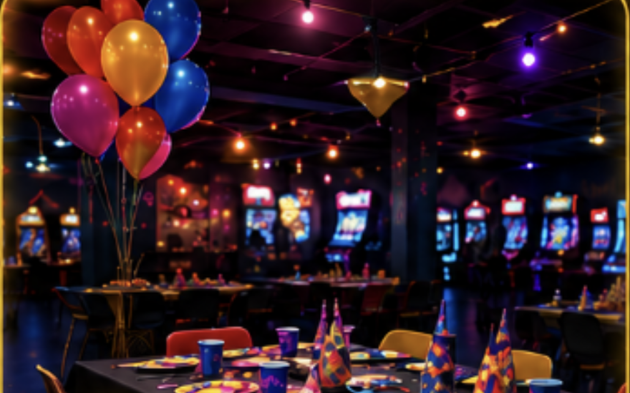 A birthday party setup with balloons and decorated tables