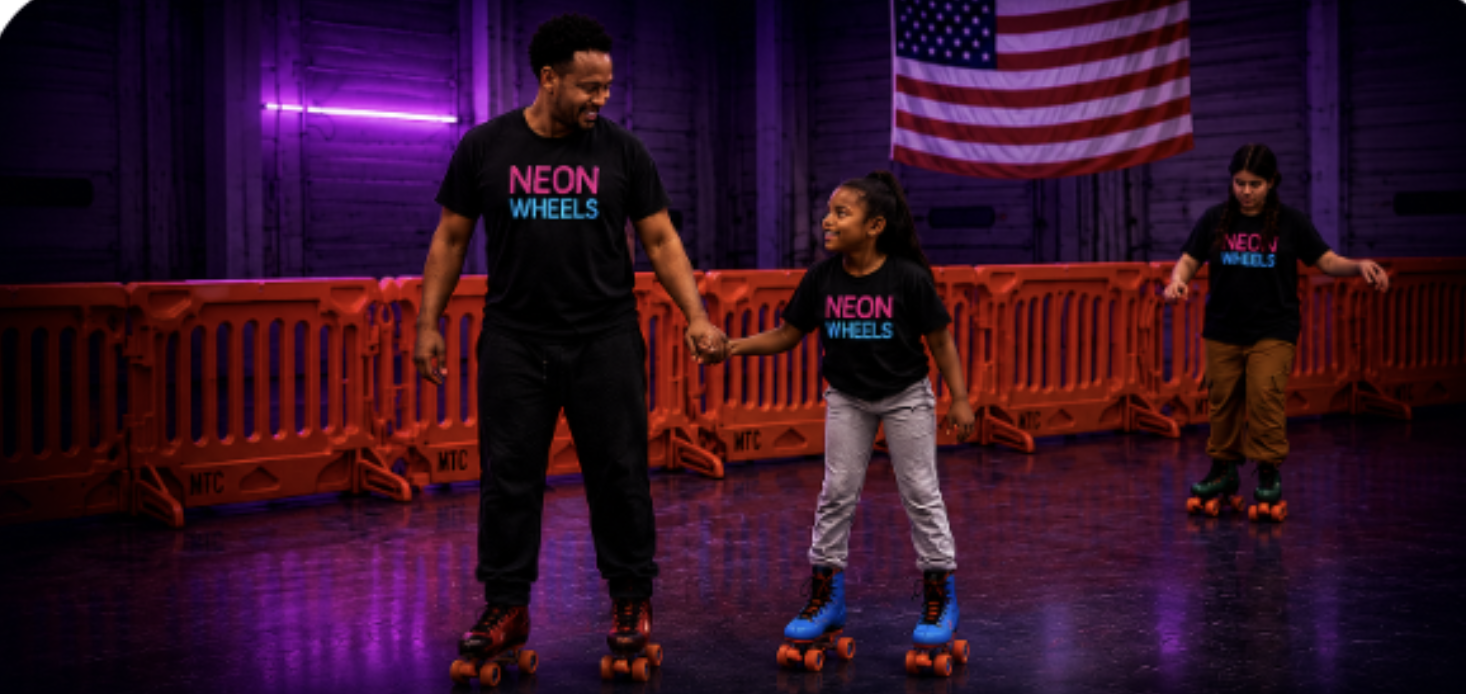 A father skating with his daughters in front of an American flag at Neon Wheels