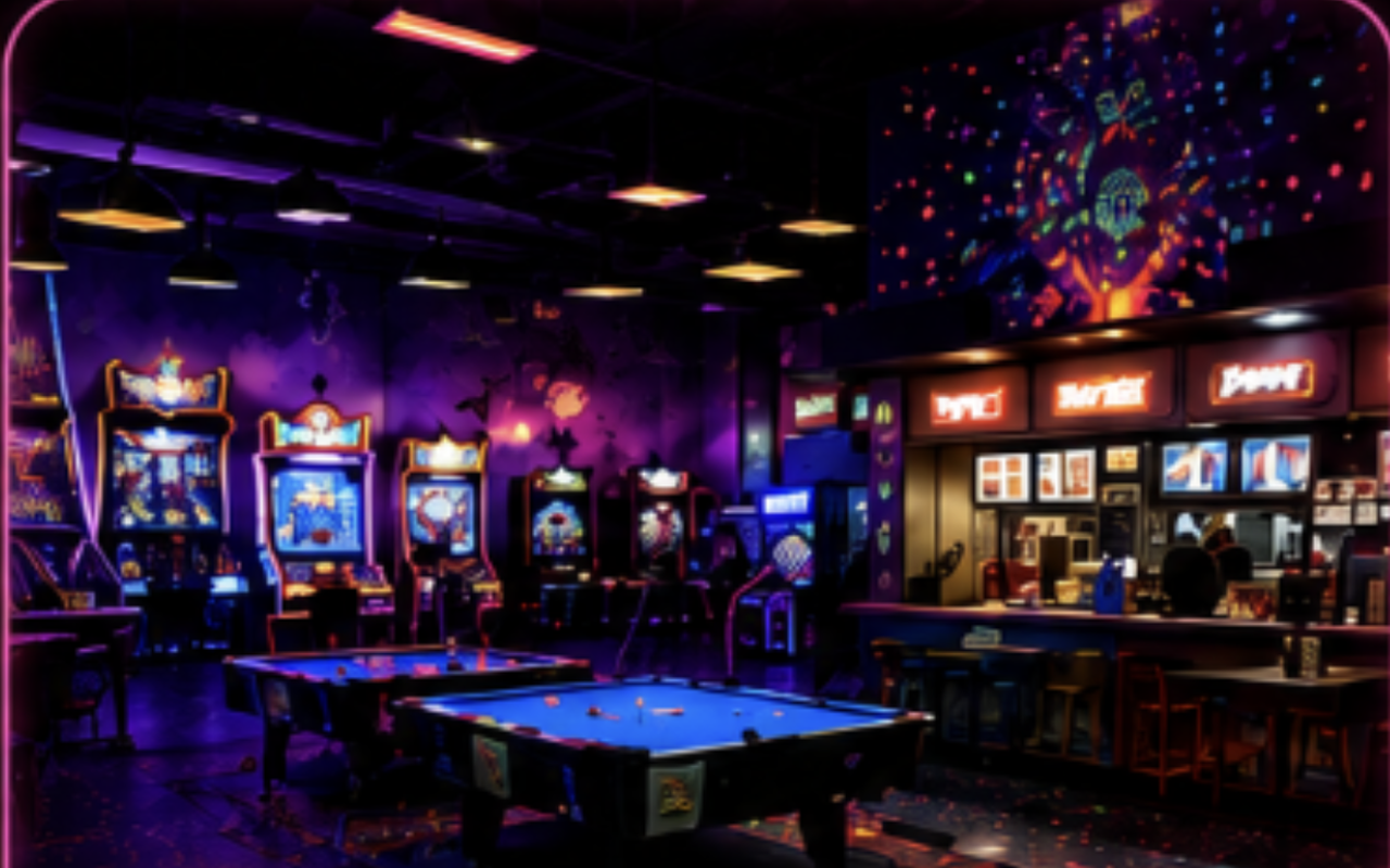 The Neon Wheels arcade and game zone lit up in neon