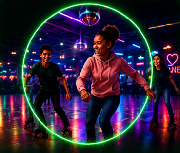 A girl running through a neon ring of light at the rink