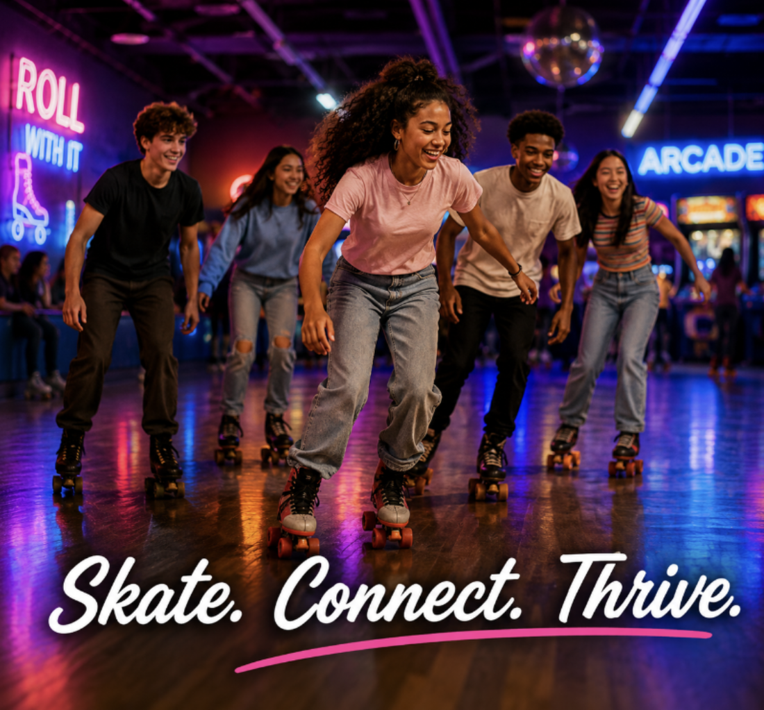 Kids skating together with the words Skate. Connect. Thrive.