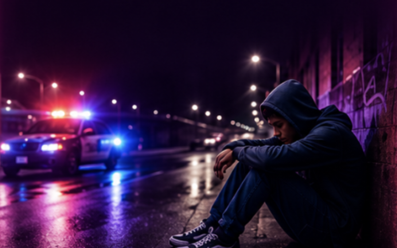 A young person sitting alone at night with police lights in the distance