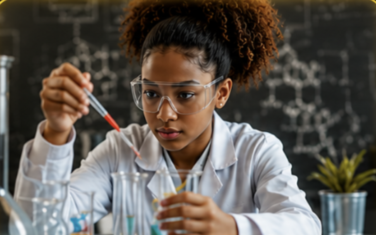 A young scientist in a lab coat performing a chemistry experiment