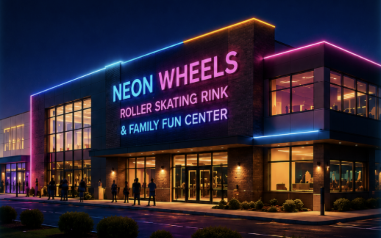 The future Neon Wheels facility lit in neon at night