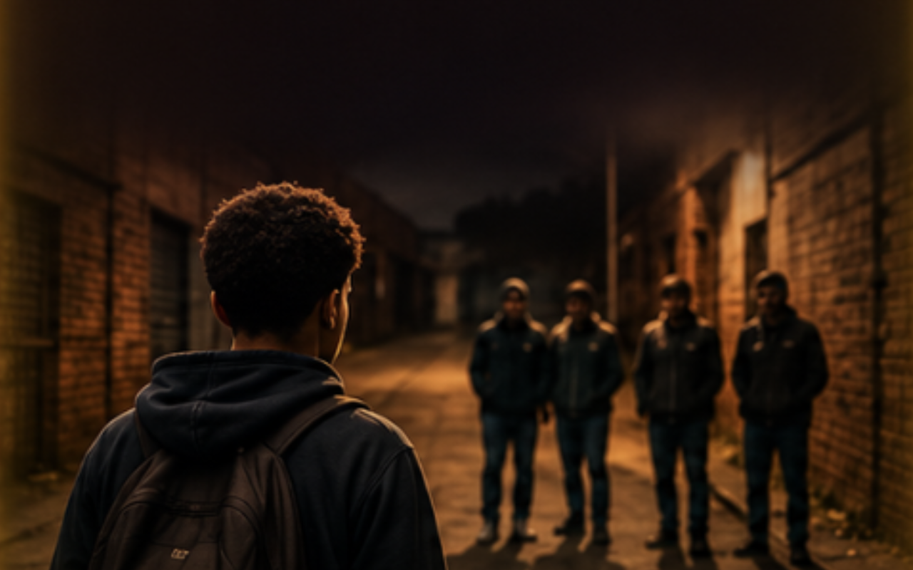 A teen facing a group of figures in a dim alley at night